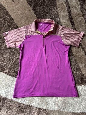 Antigua Magenta Short-Sleeve Polo with Striped Shoulders
